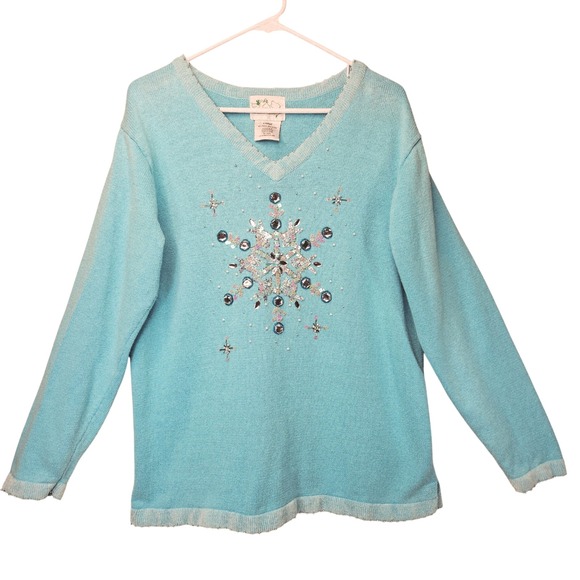 The Quaker Factory Sweaters - Quacker Factory Snowflake Blue V-Neck Sweater Large Beads Sequins Winter Holiday